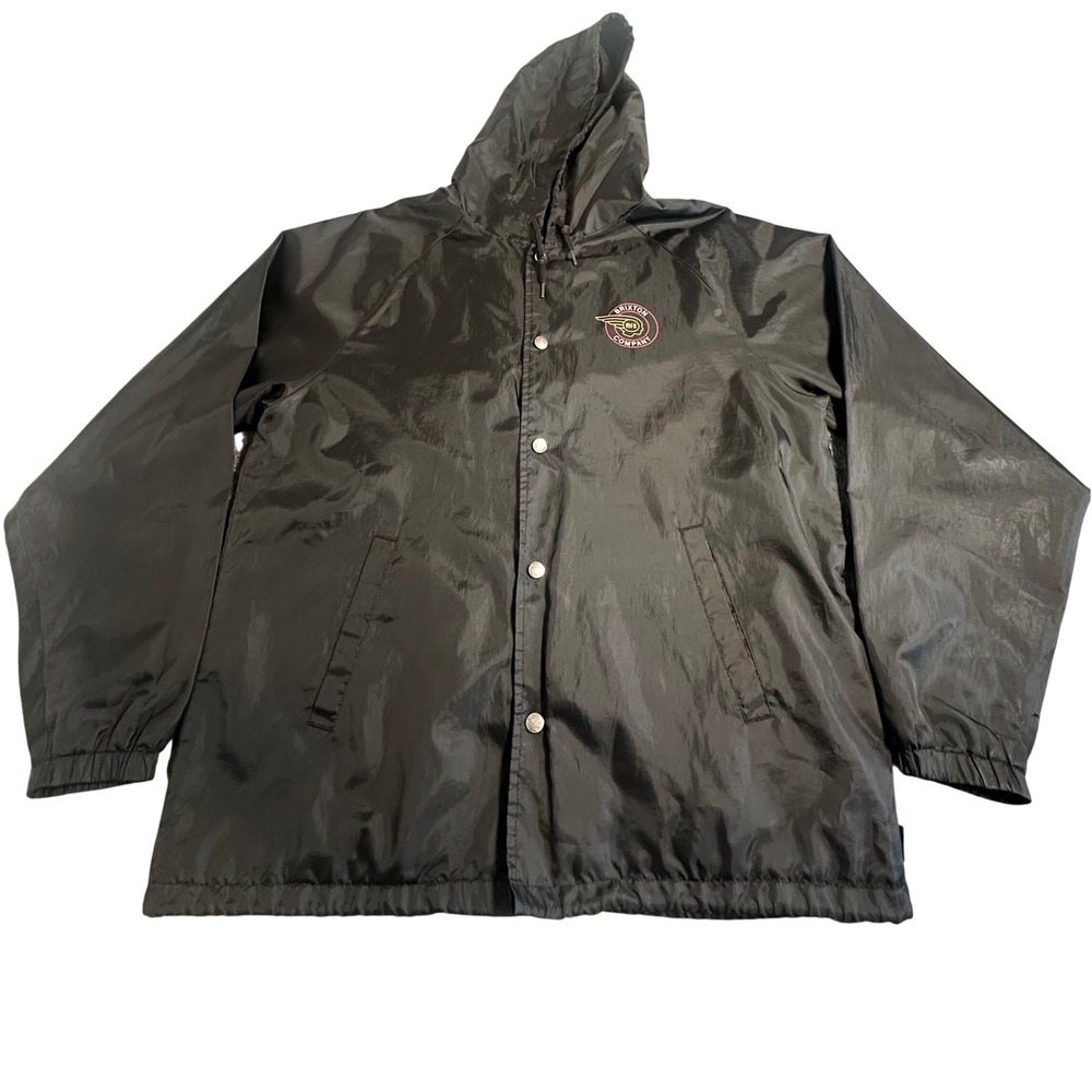 Brixton Mens Hooded Coaches‎ Jacket Black Snap Front Windbreaker Large